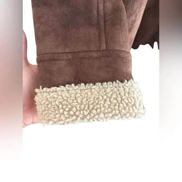 VTG Guess Coat Womens Large Y2K Faux Sherpa Fur Suede Long Length Brown - Picture 8 of 9